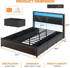 Queen Bed Frame, 2-Tier Storage Headboard & 6 Fabric Drawers, PU Leather Upholstered Queen Size Platform Bed with Charging Station and LED Lights, No Box Spring Needed, Noise Free