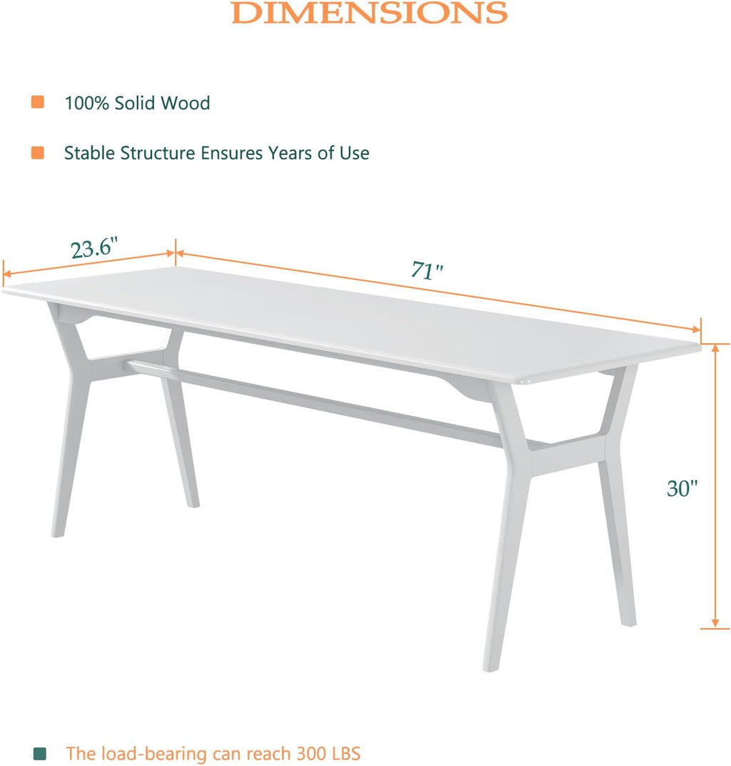 Solid Wood Study Desk - 71" Double Long Computer Table for Home Office, 2-Person PC Workstation, White