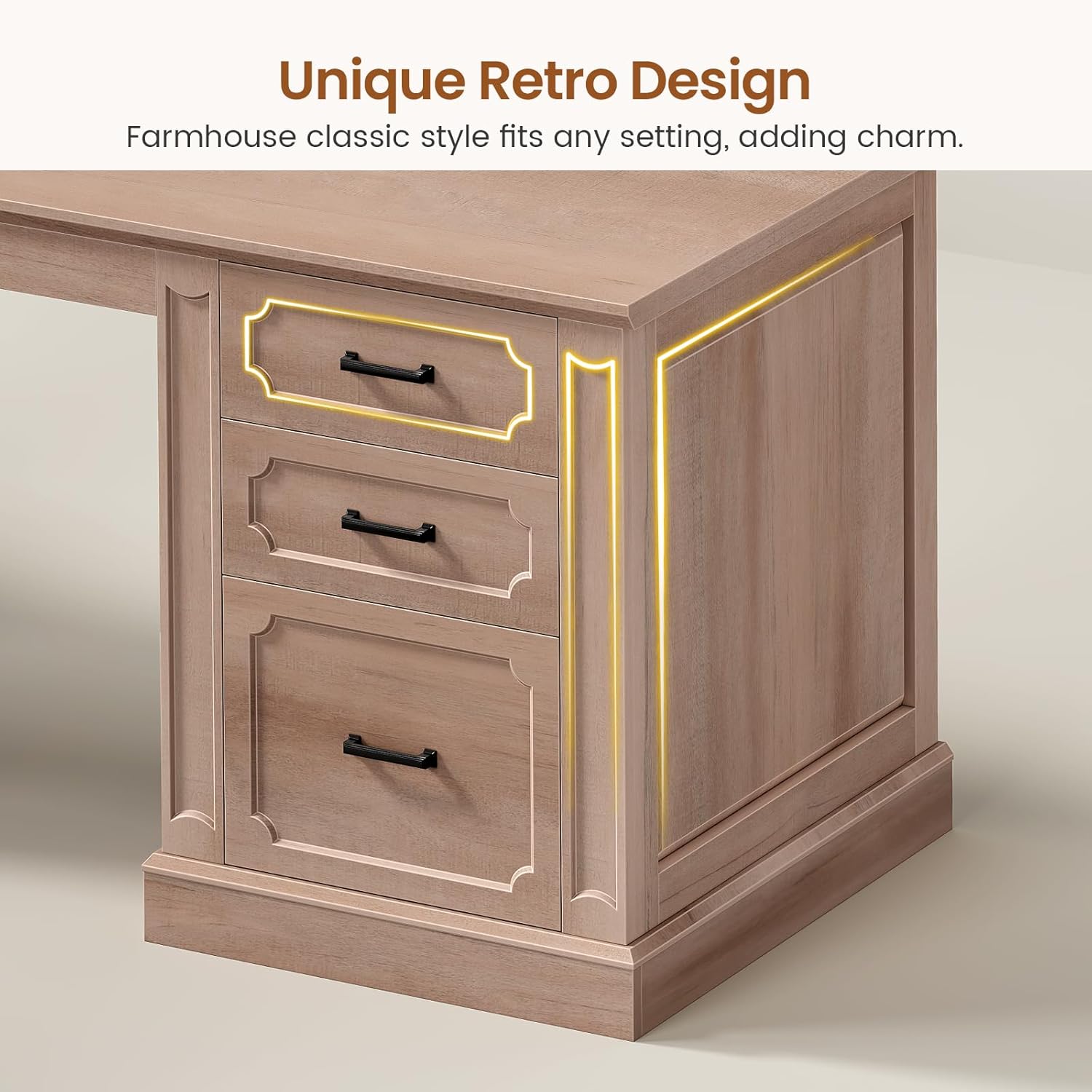 SEDETA Farmhouse 110.3" Two Person Desk with 7 Drawers, Long Computer Desk with Storage Cabinet, 2 Person Desk with Power Outlets for Home Office, Natural Oak