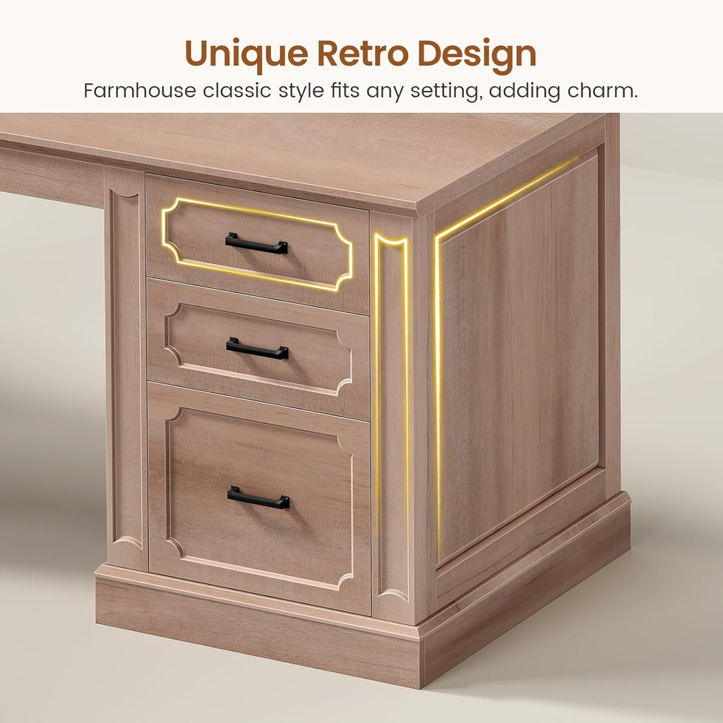 SEDETA Farmhouse 110.3" Two Person Desk with 7 Drawers, Long Computer Desk with Storage Cabinet, 2 Person Desk with Power Outlets for Home Office, Natural Oak