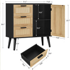 Iwell Storage Cabinet with Rattan Door & 3 Drawers, Rattan Cabinet with Adjustable Shelf, Sideboard Buffet Cabinets with Storage, Entryway Cabinets, for Living Room, Dining Room, Entryway, Black