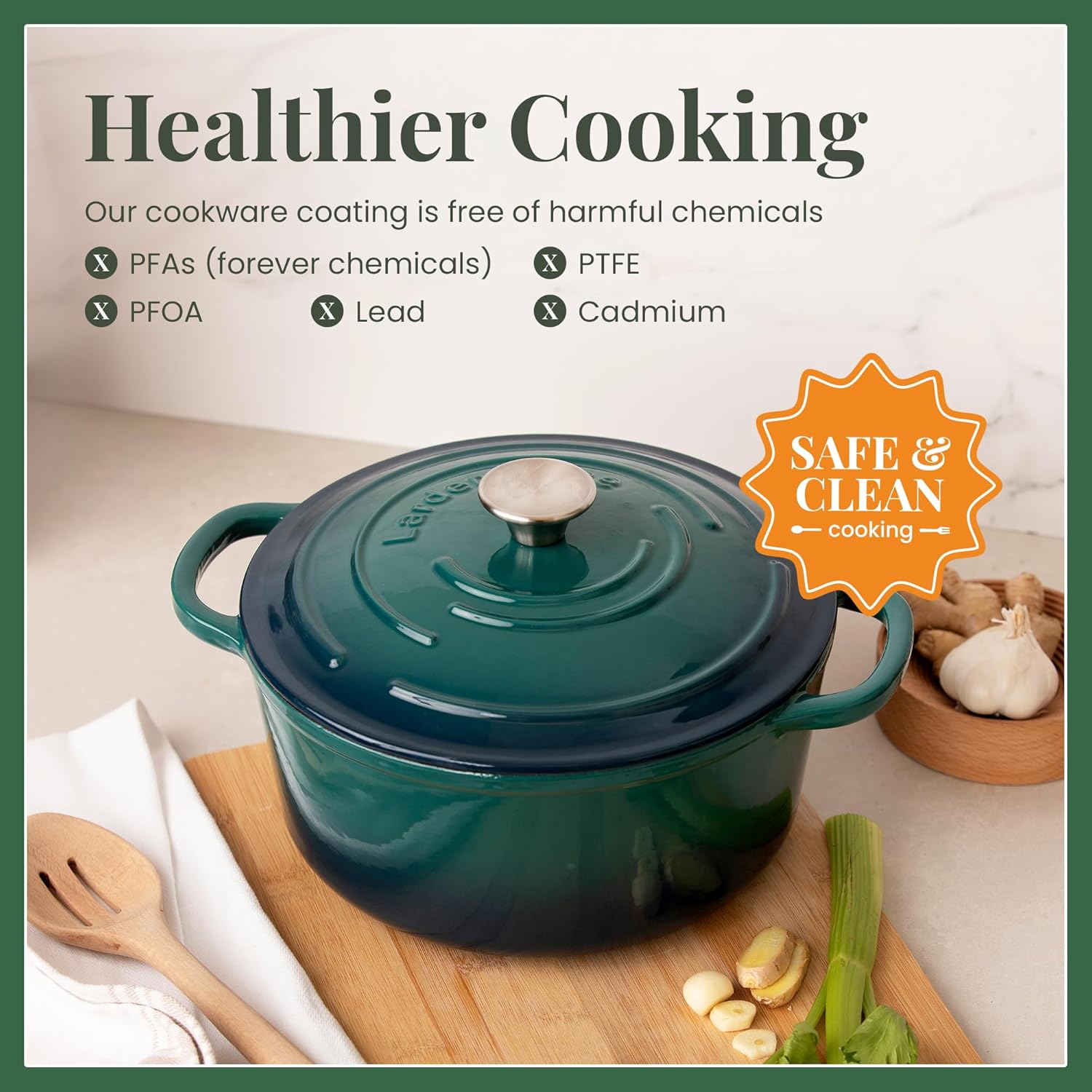 Larder & Vine Enameled Cast Iron 5.7qt Dutch Oven Pot with Lid | Bread Baking | Compatible on All Cooktops & Oven Safe to 500° F | Great for Sourdough Bread | Bondi