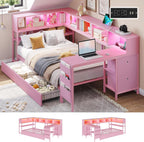 DICTAC Corner Twin Bed Frame with Desk,Charging Station and Bookcase Storage Pink Bed Frame for Girls with Storage Drawers and Led Lights Twin Size Daybed with Open Shelves,No Box Spring Needed