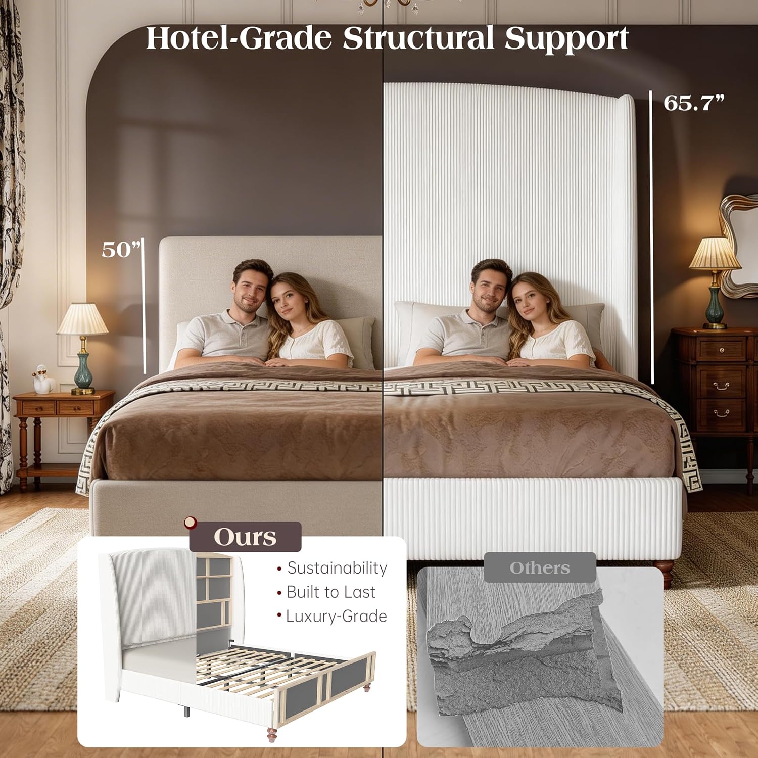 King Size Upholstered Bed Frame with 65.7" Tall Headboard Wingback, Soft Washable Corduroy Beds Cover, Solid Wood Legs, Noise-Free, No Box Spring Needed, Cream