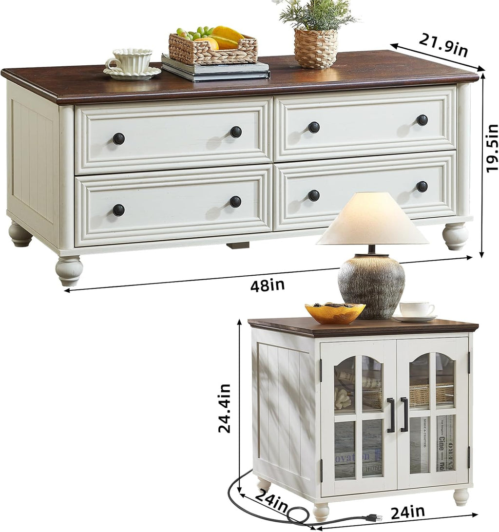 Farmhouse Coffee and end Tables 3-Piece Set,Wood 48" Center Table with 4 Drawers,Large Sofa Side Table with Charging Station & with Glass Barn Door Storage for Home Living Room Hallway,White