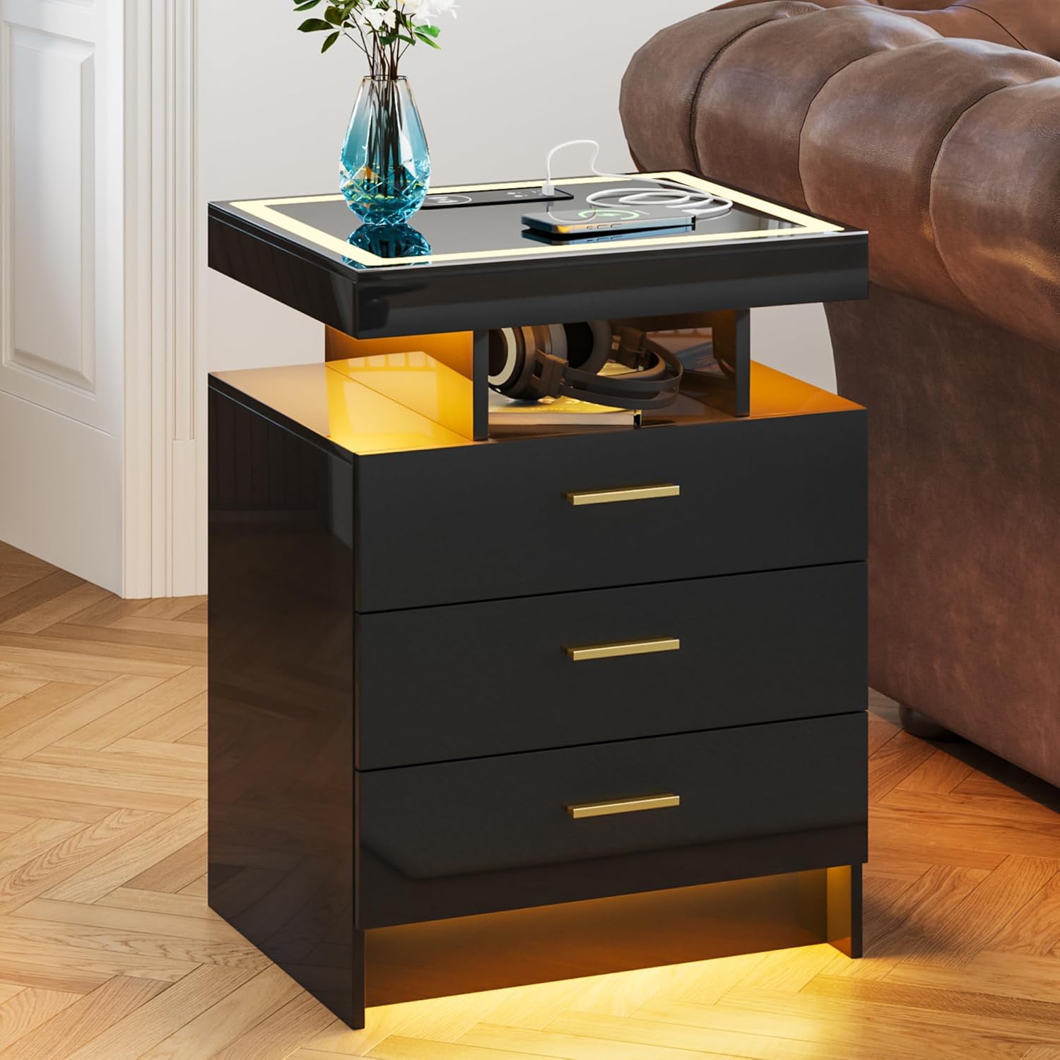 Lvifur 2 Set Nightstands with Wireless Charging Station for Bedroom, Auto Sensor 3 Color Dimmable LED End Table, Modern Bedside Table with 3 Drawers & 3 Open Compartments (2 x Black)