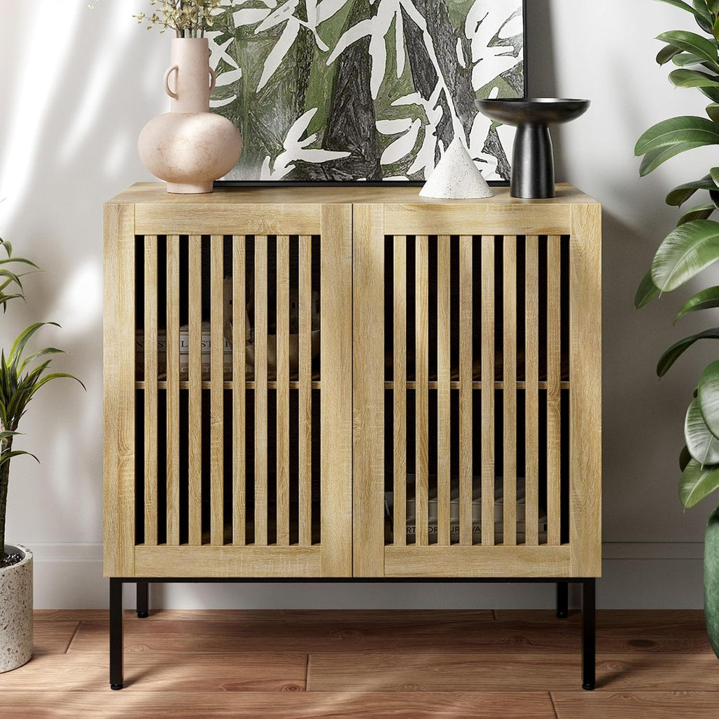 BVIUNTWO Buffet Cabinet with Storage,31.5" Farmhouse Console Table with Metal Base and Adjustable Shelf,Sideboard Coffee Bar Cabinet with 2 Doors for Kitchen,Dining Room,Living Room,Oak