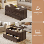 Coffee Table Lift Top with 2 Drawers, 40 Inch Multi-Function Coffee Table with Hidden Compartment, Curved Profile Design, Converts to Home Office Table for Living Room, Walnut