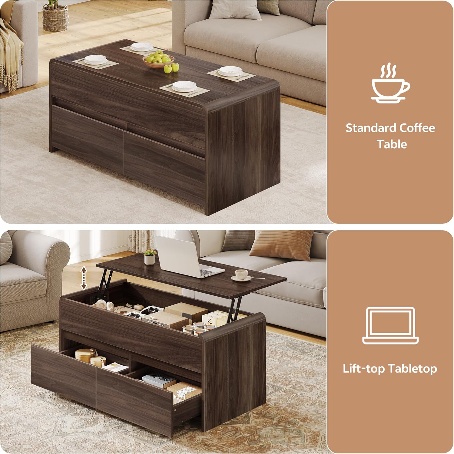 Coffee Table Lift Top with 2 Drawers, 40 Inch Multi-Function Coffee Table with Hidden Compartment, Curved Profile Design, Converts to Home Office Table for Living Room, Walnut