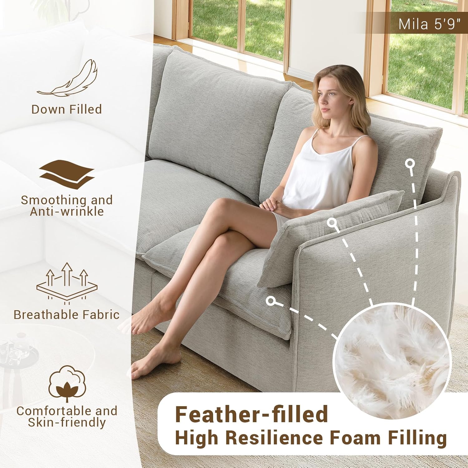 94.5" L Shape Cloud Modular Sectional,4 Seater Waterproof High Backrest Sectional Sofas,Down Filled Modular Couch with Removable Washable Cover for Living Room,Light Gray