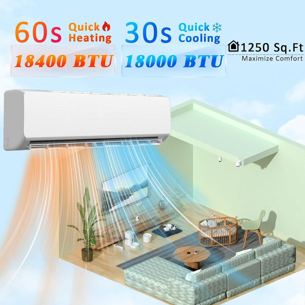 Mini Split Air Conditioner with Heat Pump, 18000 BTU 19 SEER2 230V Energy Efficient Ductless Inverter, 1 Ton Pre-Charged Condenser Cools Up to 1250 Sq.Ft with Installation Kit