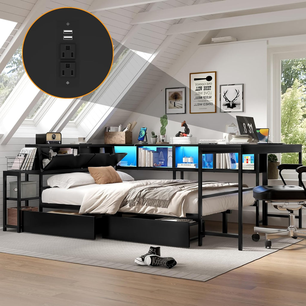 Bellemave Twin Corner Bed Frame with Desk and Storage, Twin Captains Bed with Charging Station,LED Light, Wood Daybeds with L-Shaped Bookcase and 2 Drawers, Black