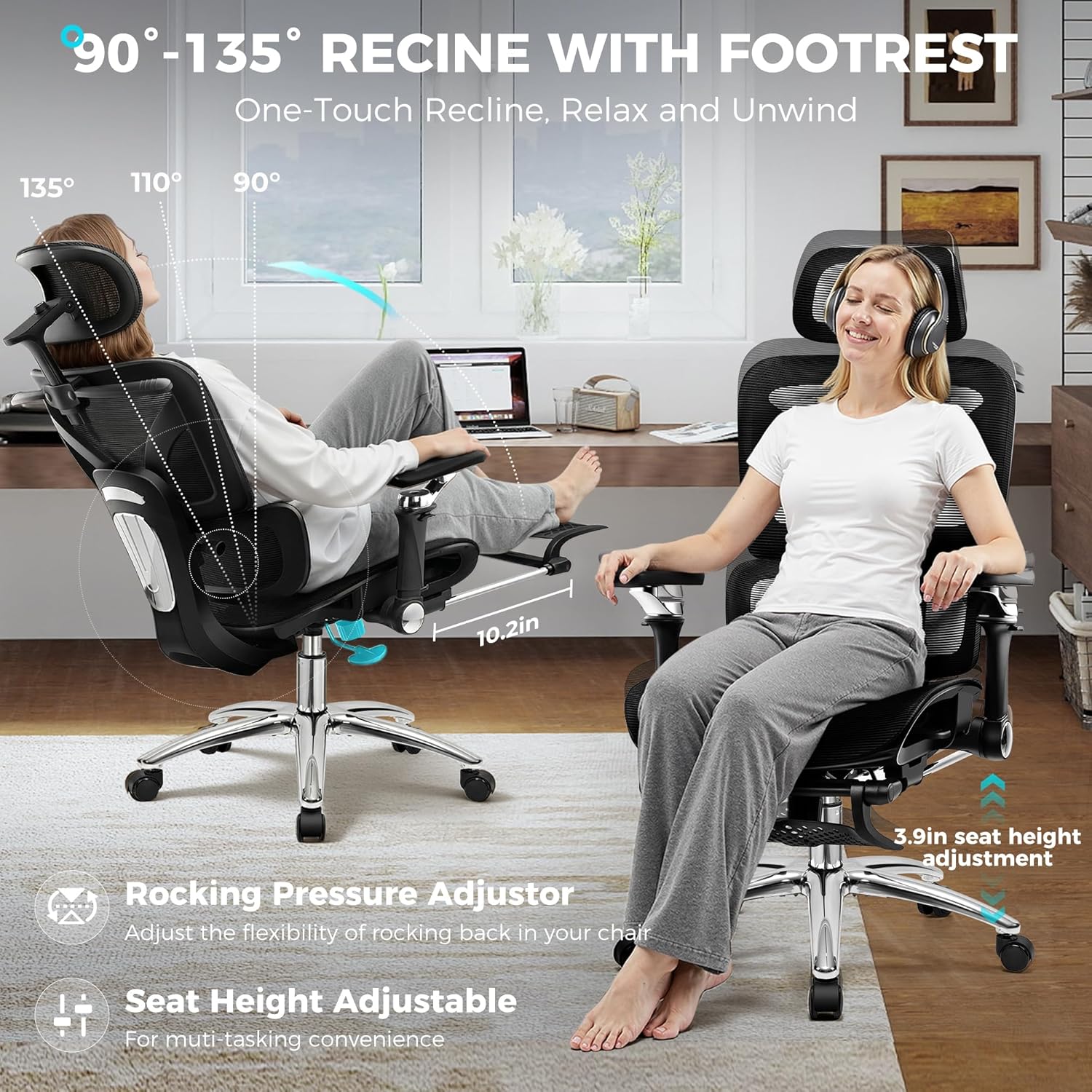 Ergonomic Office Chair with Footrest, Big and Tall Home Desk Chair, High Back Rolling Computer Chair with 5D Flip-Up Arms and Lumbar Support, Comfy Gaming Chair, Swivel Mesh Chairs, Black