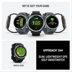 Garmin Approach® S44  Essential Golf GPS Smartwatch  AMOLED Display  On-Course Features  Silver Aluminum Bezel with Black Silicone Band
