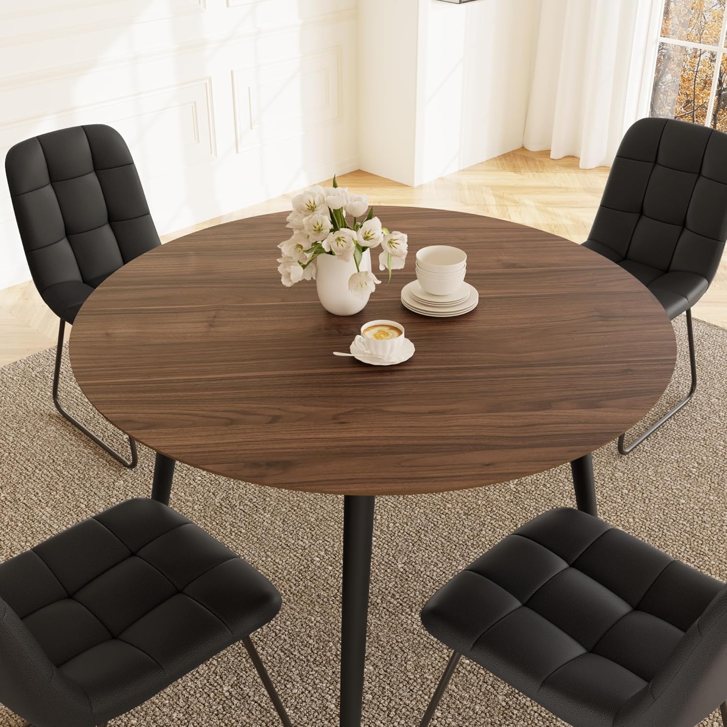 43.3 Inch Round Dining Table Set for 4, Modern Small Kitchen Coffee Set for Dining Room Kitchen Apartment (Walnut Table+4 U-Shaped Black Chairs)