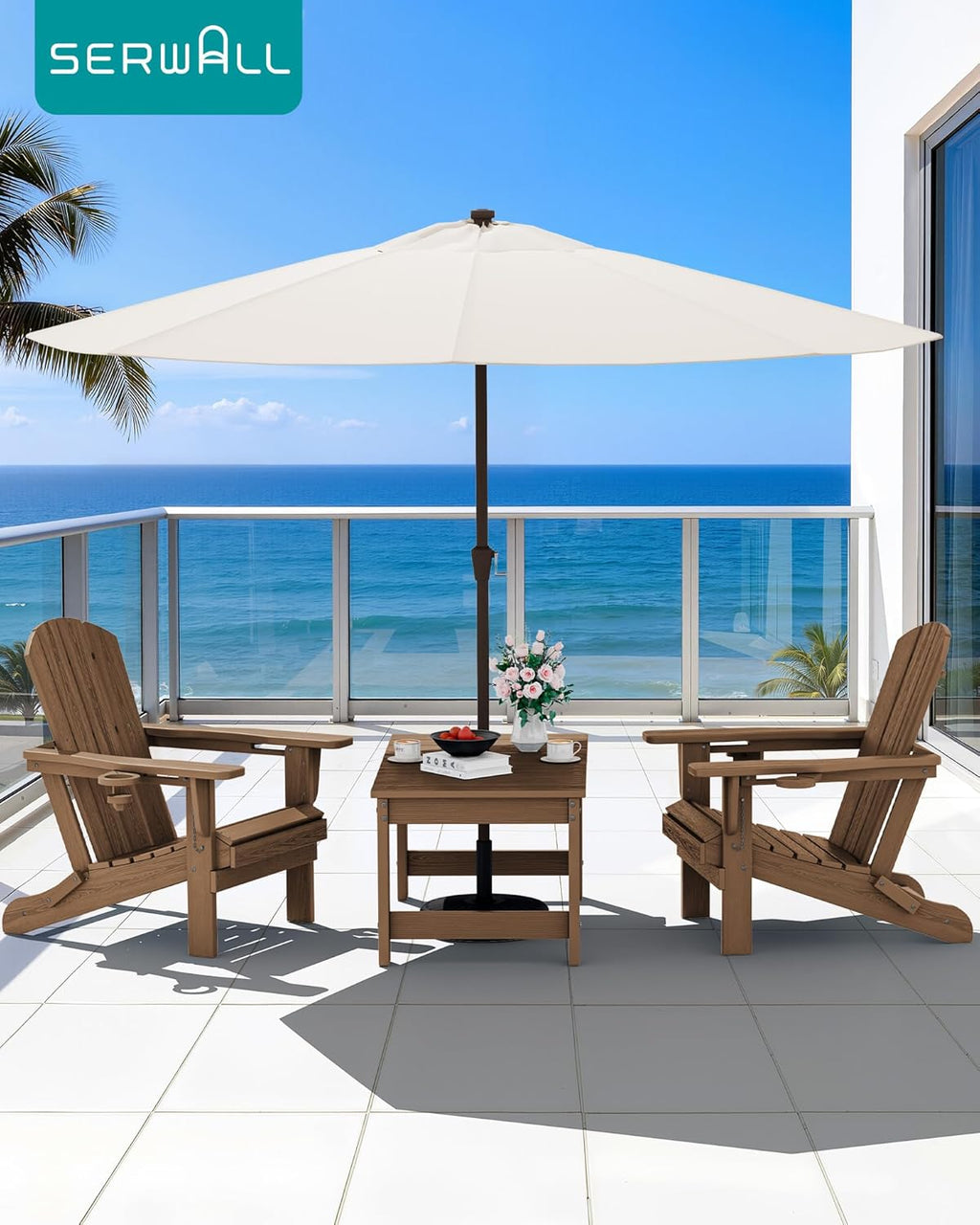 SERWALL Outdoor Coffee Table with 1.69" Umbrella Hole, HDPE Patio Coffee Table for Outside, Rectangle, Brown