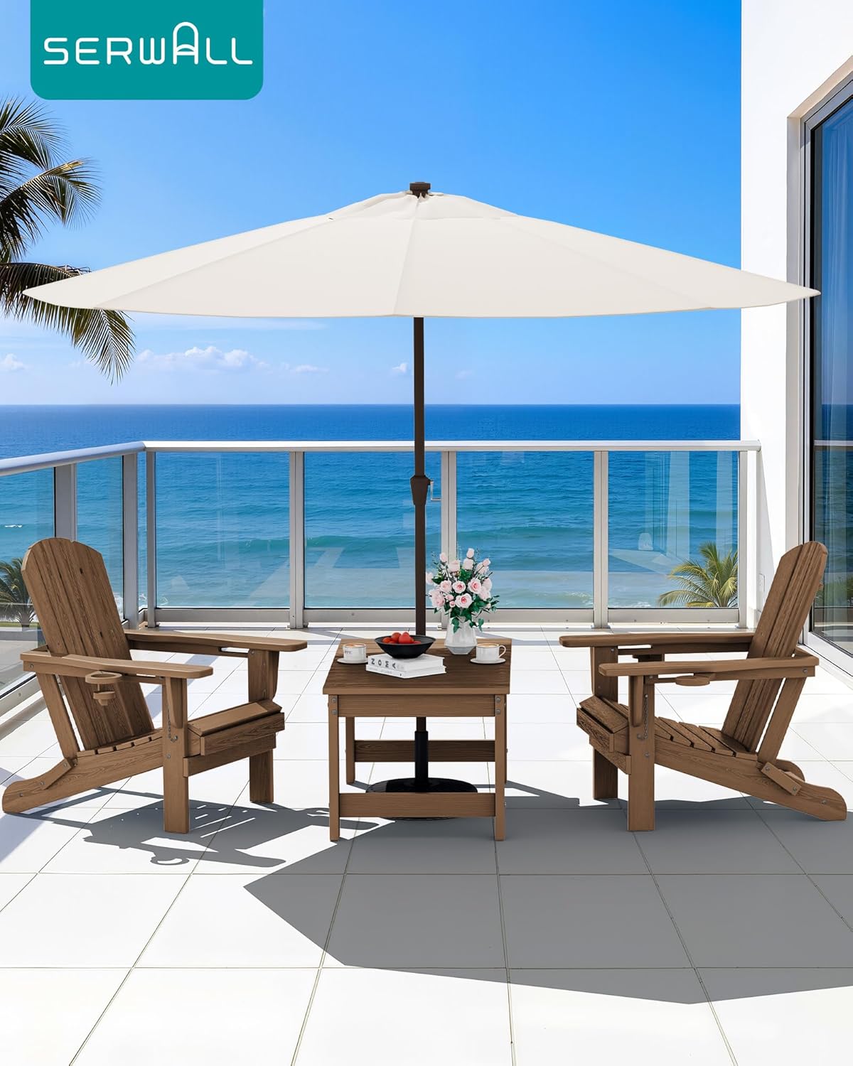 SERWALL Outdoor Coffee Table with 1.69" Umbrella Hole, HDPE Patio Coffee Table for Outside, Rectangle, Brown