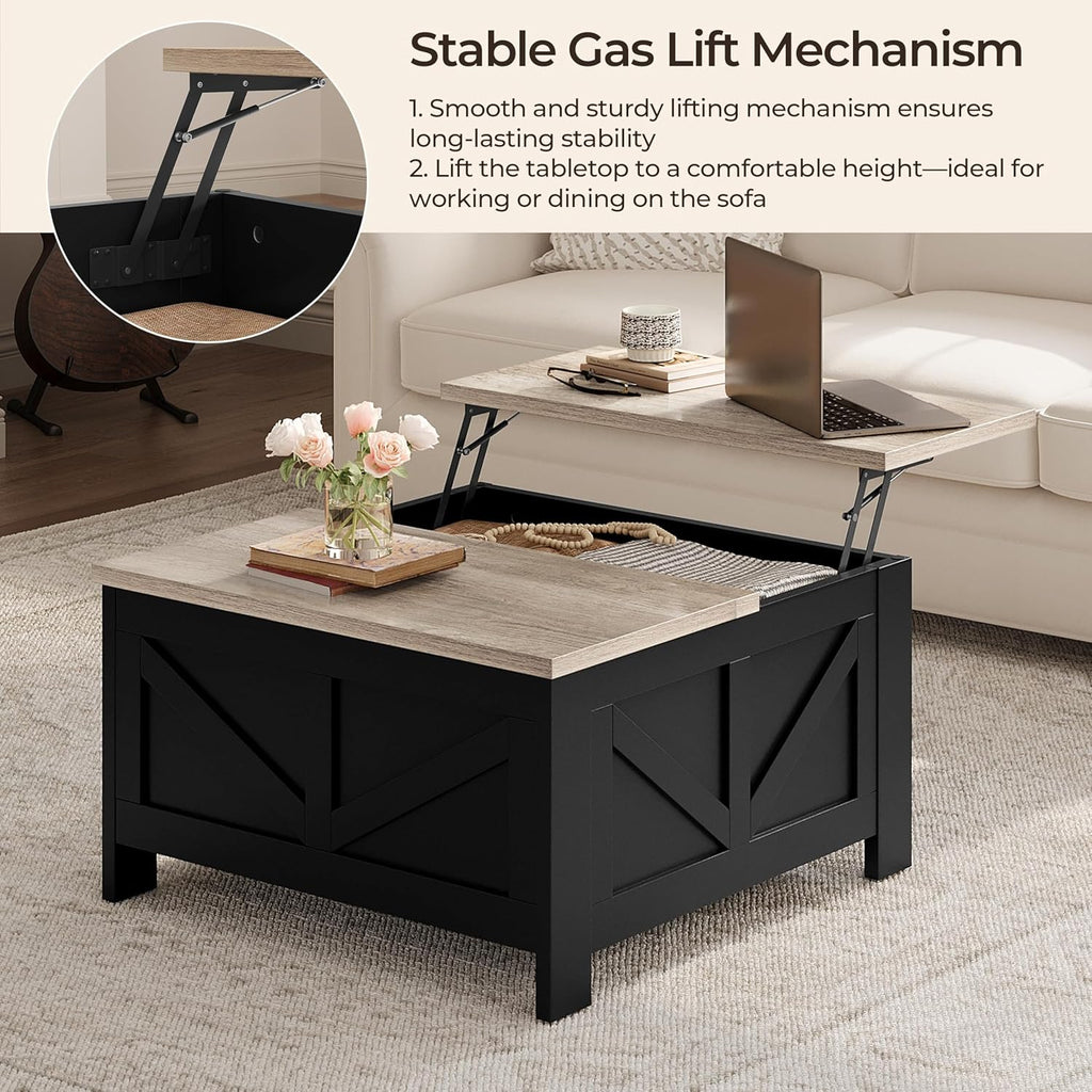 Yaheetech Lift Top Coffee Table with Storage, Square Coffee Table for Living Room, 31.5 Inches Center Tables with Large Hidden Storage Compartment for Home Office, Black&Gray