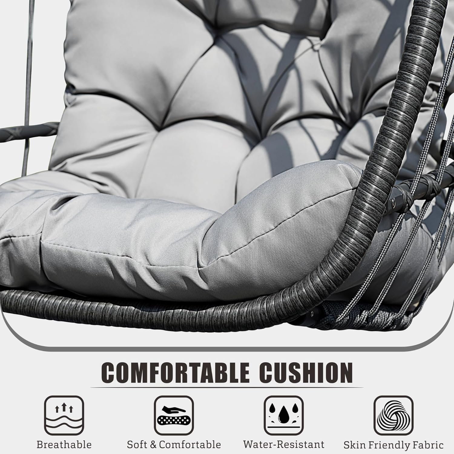 HWB Hanging Egg Chair with Stand, Patio Wicker Egg Swing Chair with Cushion for Bedroom Garden Indoor Outdoor (Grey)
