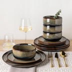 TheTerra Ceramic Dinnerware Sets for 6, 18 Pieces Handmade Reactive Glaze Plates and Bowls Set, Scratch Resistant Dish Set, Oven & Microwave & Dishwasher Safe, Coca Mocha
