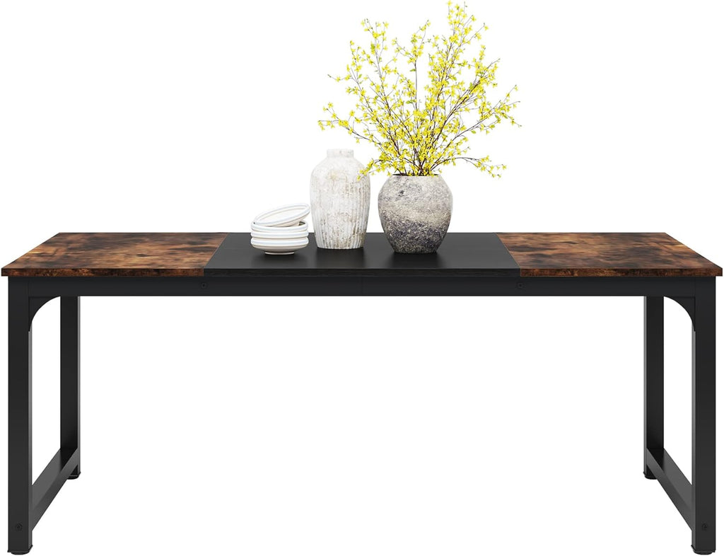 LITTLE TREE 70.9 Inch Large Dining Table Rectangular Kitchen Furniture for 6 to 8 People, Brown+Black