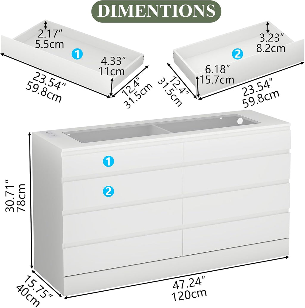 8 Drawer Dresser with Power Outlet, Modern Chest of Drawers with LED Light & Glass Top, Wood Double Dresser TV Stand with Organizer Storage for Bedroom, Living Room, Closet (White)