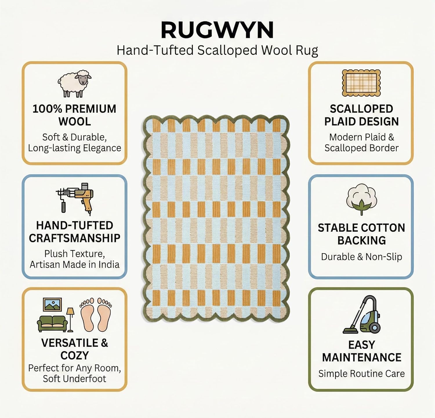 Hand-Tufted Scalloped Wool Area Rug, Modern Plaid Checkered Pattern, Soft & Durable Cozy Accent Rug for Living Room, Bedroom & Nursery, Handmade Decorative Floor Carpet (Light Blue, 8' x 10')