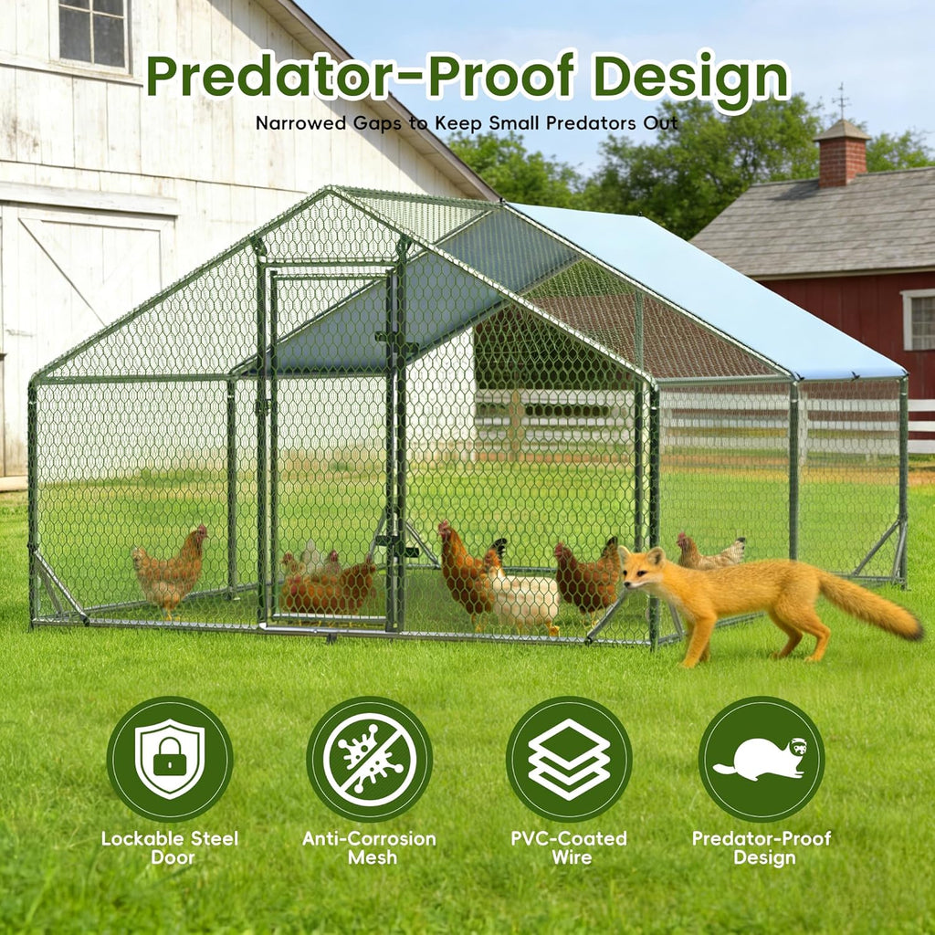 Large Metal Chicken Run Walk-in Poultry Cage Spire-Shaped Chicken Coop with Waterproof and Anti-Ultraviolet Cover for Outside Backyard and Farm 19.6' L x 9.8' W x 6.4' H