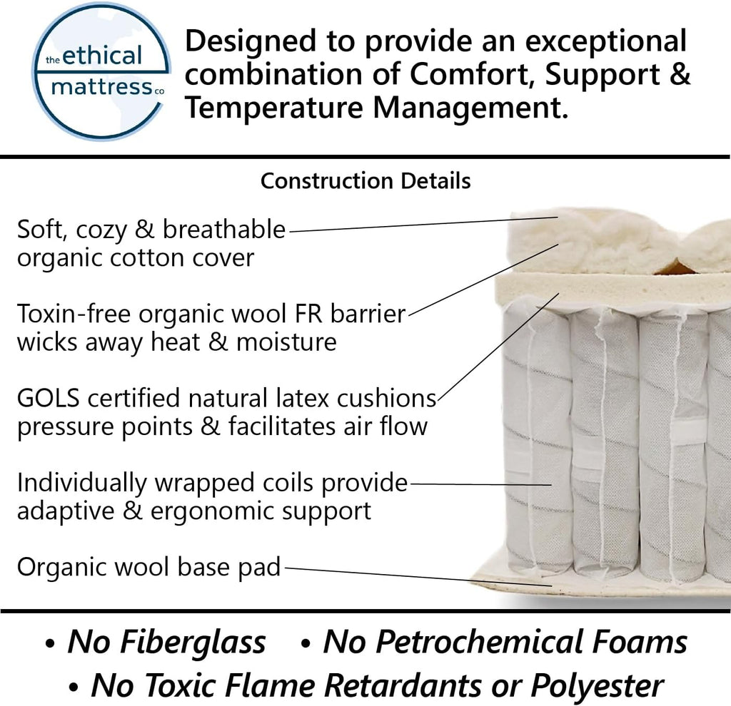 Ethical Mattress CO 10" Toxin-Free Hybrid Mattress, Made in The USA with Organic Cotton, Wool, Latex & Pocketed Coils (No Fiberglass or Polyfoams) Comfortable & Supportive Bed-in-Box - Queen Size
