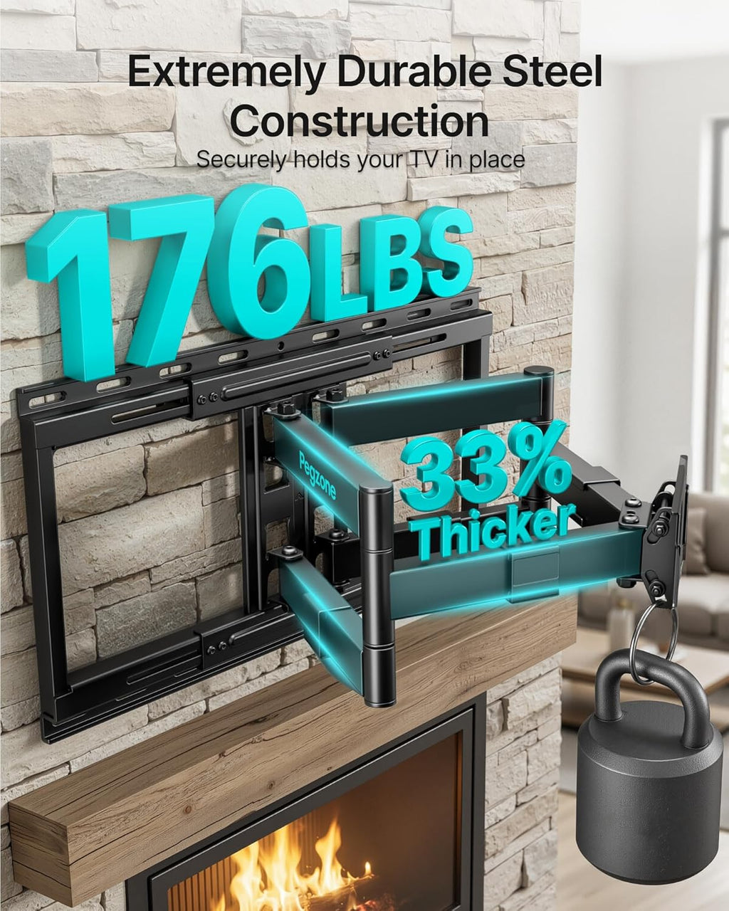 Pegzone Full Motion TV Wall Mount for 37-90 Inch TVs up to 176lbs, 25.4" Extension, Swivel Heavy Duty TV Bracket, Sliding Dual Arms for Off-Center Studs, Fits 16"/ 18" /24" Wood Studs, VESA 600x400
