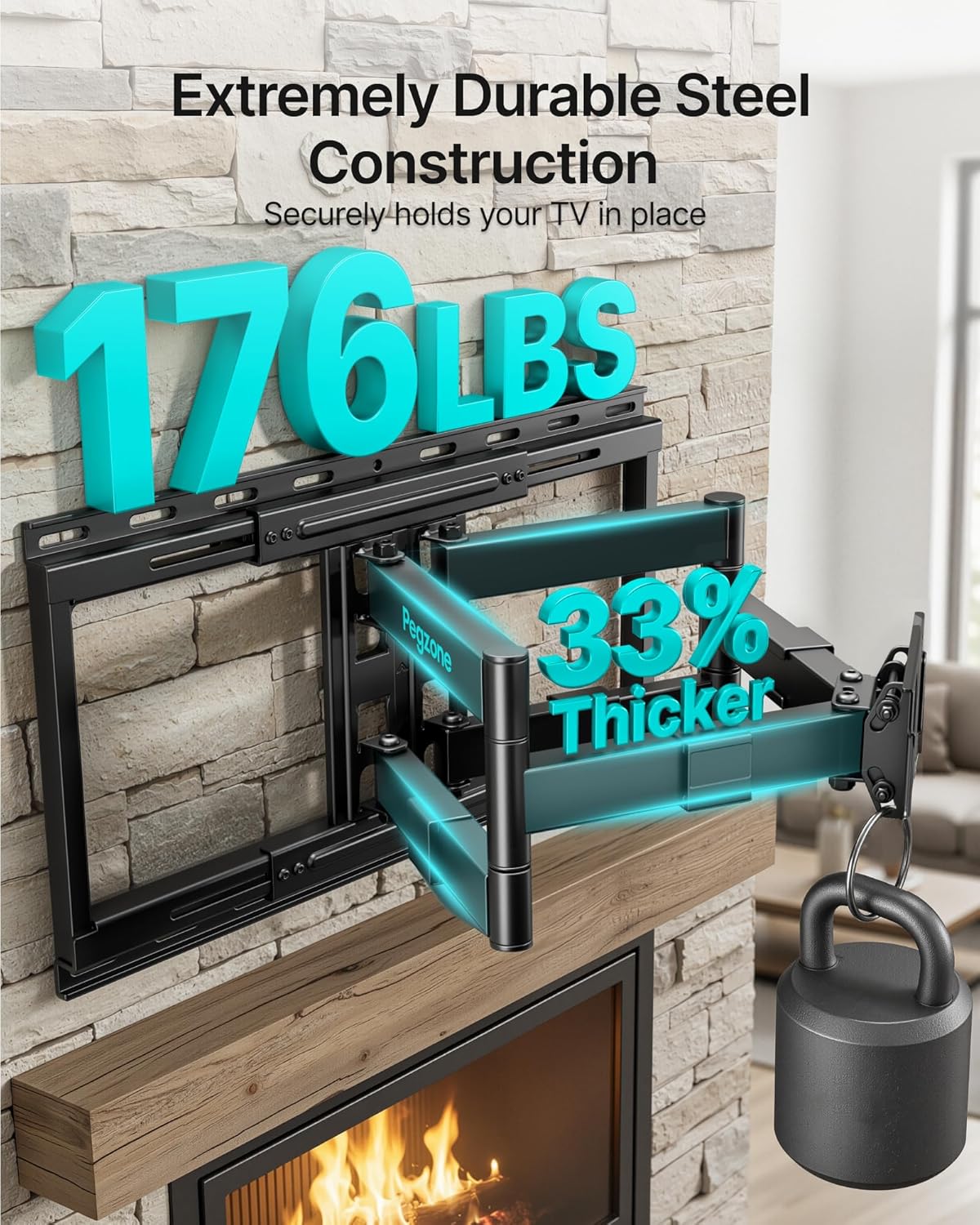 Pegzone Full Motion TV Wall Mount for 37-90 Inch TVs up to 176lbs, 25.4" Extension, Swivel Heavy Duty TV Bracket, Sliding Dual Arms for Off-Center Studs, Fits 16"/ 18" /24" Wood Studs, VESA 600x400
