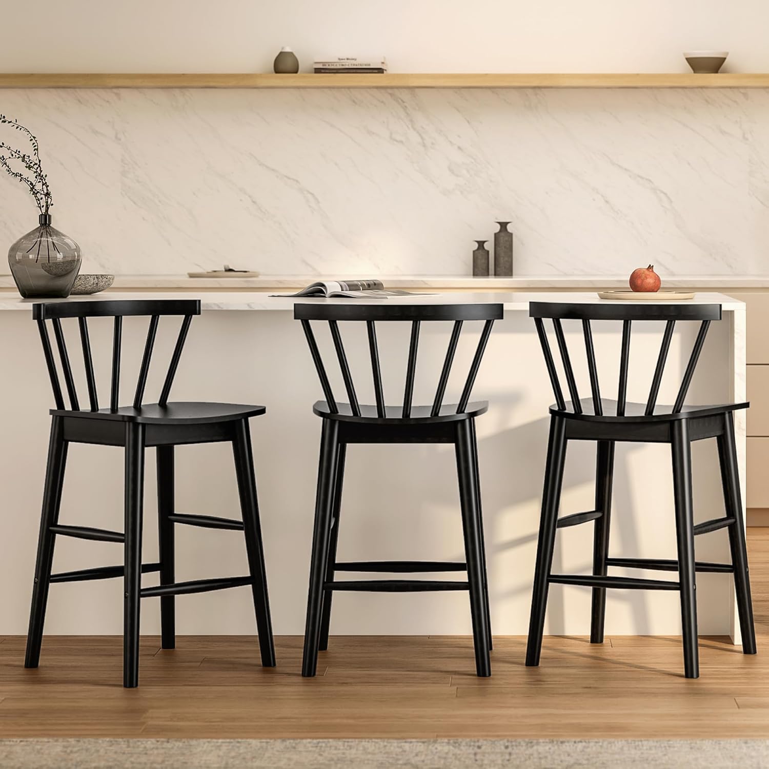 Wood Bar Stools Set of 3, 24" Barstool Farmhouse Counter Stools with Curved Back for Dining Room, Black