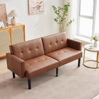 Garvee 75.5" Convertible Futon Sofa Bed, PU Leather Upholstered Futon Couch with Strong Legs, Mid Century Modern Sleeper Sofa, Comfy Loveseat for Living Room, Bedroom, Dorm, Brown