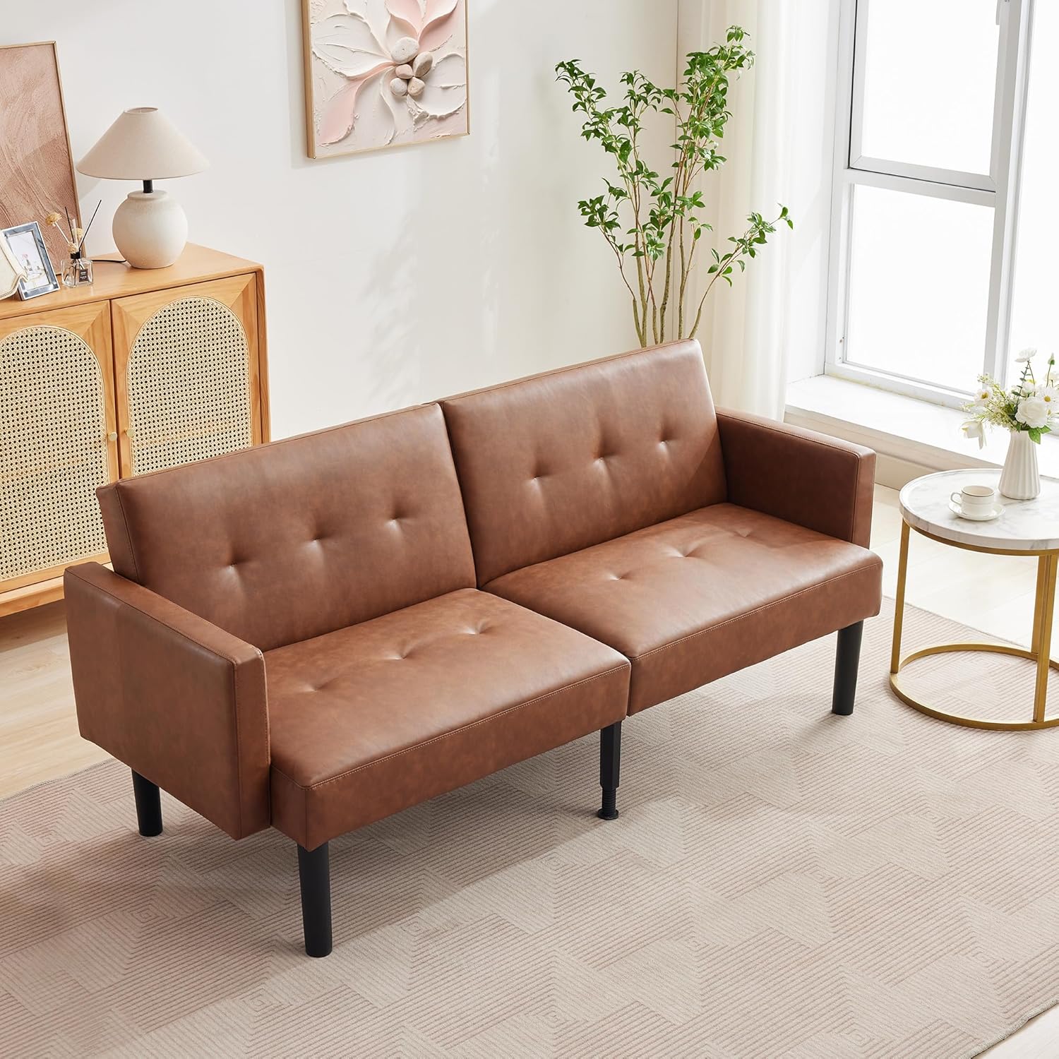Garvee 75.5" Convertible Futon Sofa Bed, PU Leather Upholstered Futon Couch with Strong Legs, Mid Century Modern Sleeper Sofa, Comfy Loveseat for Living Room, Bedroom, Dorm, Brown