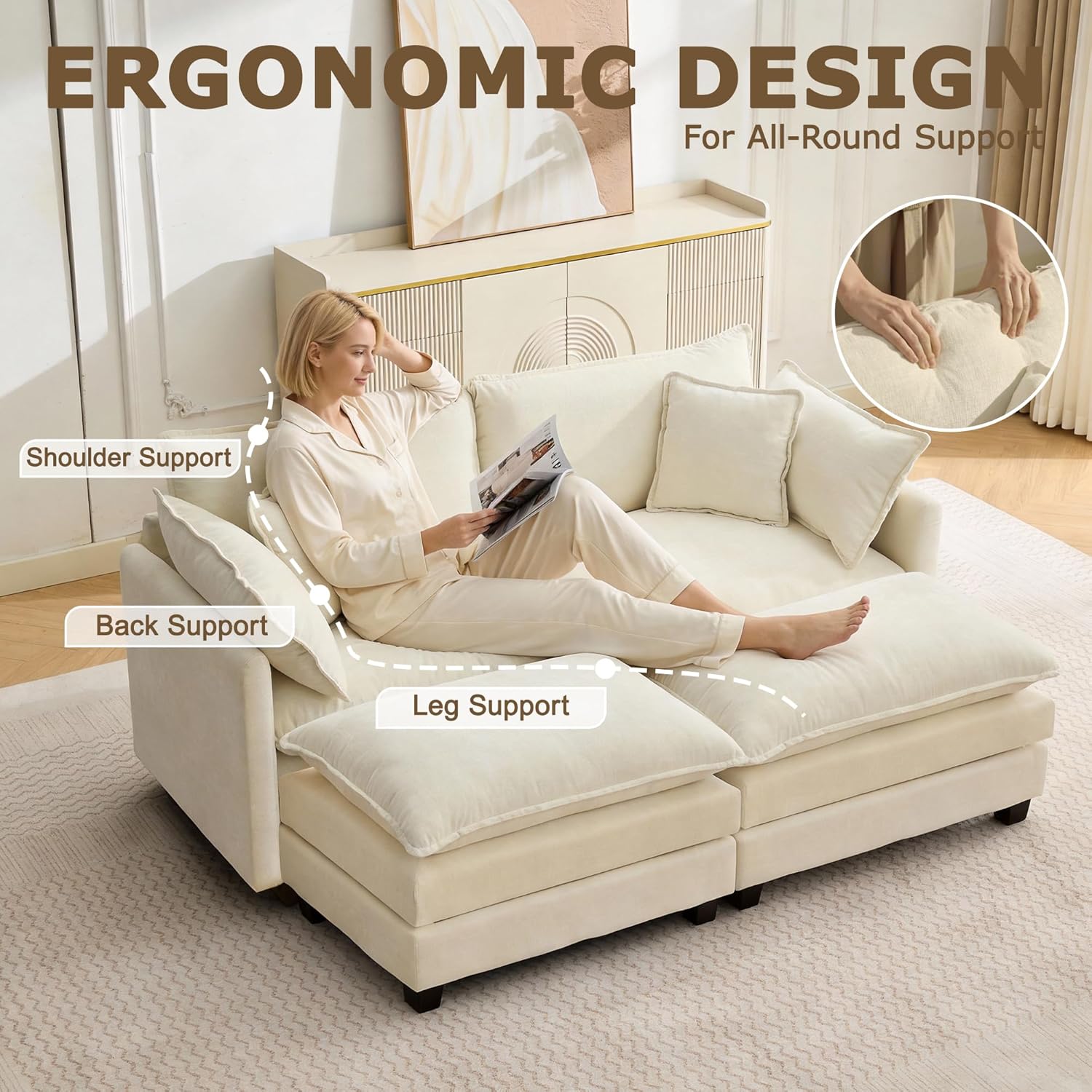 78" Modular Sectional Sofa, Cloud Couch Loveseat Sofa with 2 Movable Ottoman, Comfy Chenille Deep Seat Sofa with Throw Pillows, 4 Seat Modern Couches for Living Room, Bedroom and Apartment, Beige