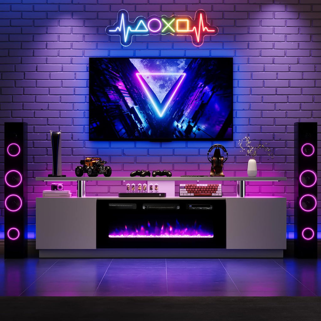 Led Fireplace TV Stand 70 in, Modern Electric Fireplace TV Stand with Cabinets, 2 Tier TVStand with 36 in Fireplaces, Entertainment Center with Fireplaces for TVs Up to 80