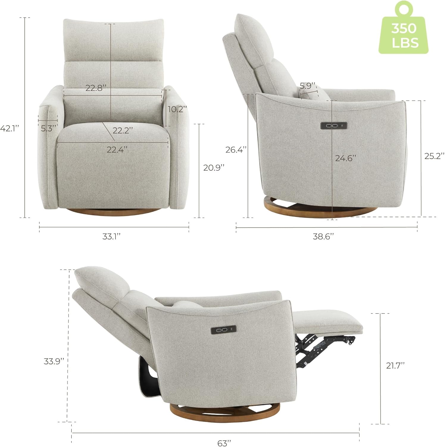 CHITA Swivel Rocker Recliner Chair, Power Nursery Glider Recliner, Nursery Rocking Chair with Adjustable Power Headrest, FSC Certified, Solid Wood Base, Crockery (Gray)