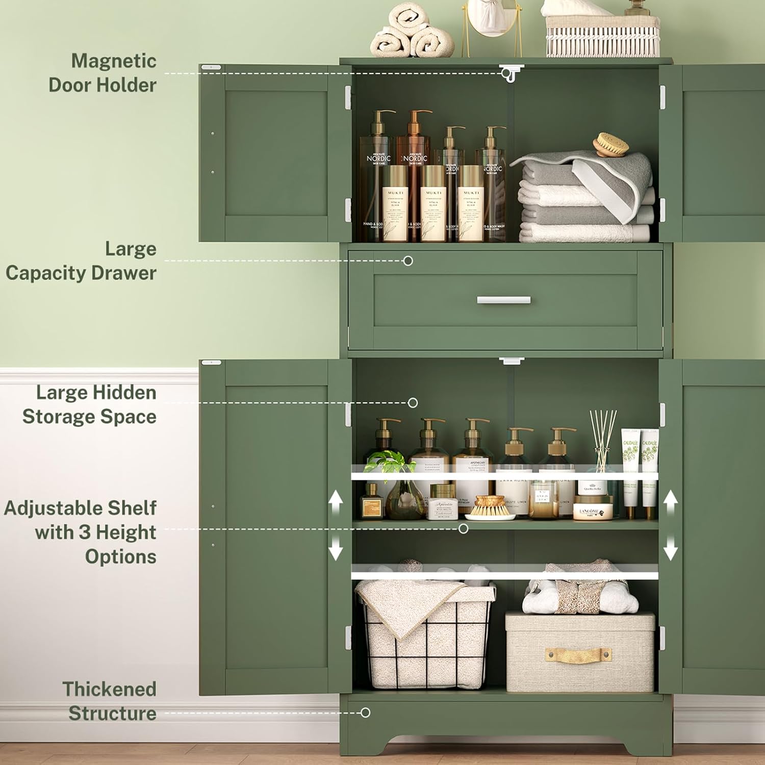 TEENFON Bathroom Floor Storage Cabinet with Adjustable Shelf, Freestanding Storage Cabinet with 4 Doors, Cupboard for Living Room, Home Office, Entryway, Forest Green