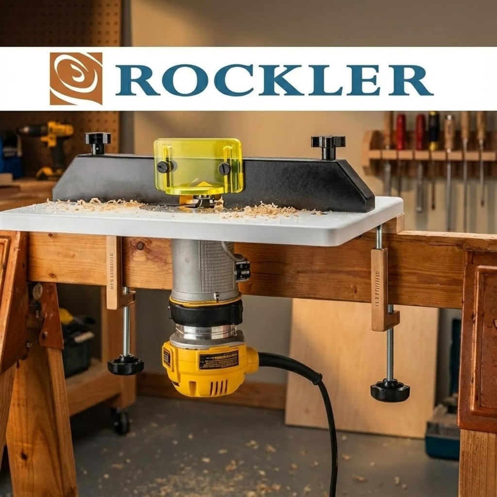 Rockler Trim Router Table – Adjustable Table Router w/Pre-Drilled Holes on Back - Router Table w/High-Visibility Bit Guard, 1/4" Thick Acrylic Base – Router Tools for Woodworking