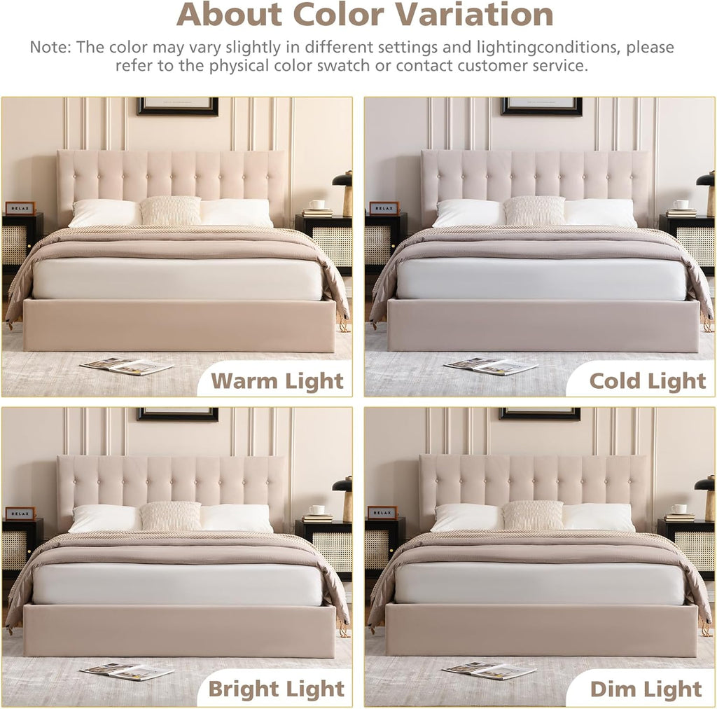 VELOCAVA Queen Size Lift-Up Storage Bed, Modern Upholstered Platform Frame, Ample Under-Bed Storage, Button-Tufted Headboard, Sturdy Wooden Slats, No Box Spring Needed, Linen-Textured Light Khaki