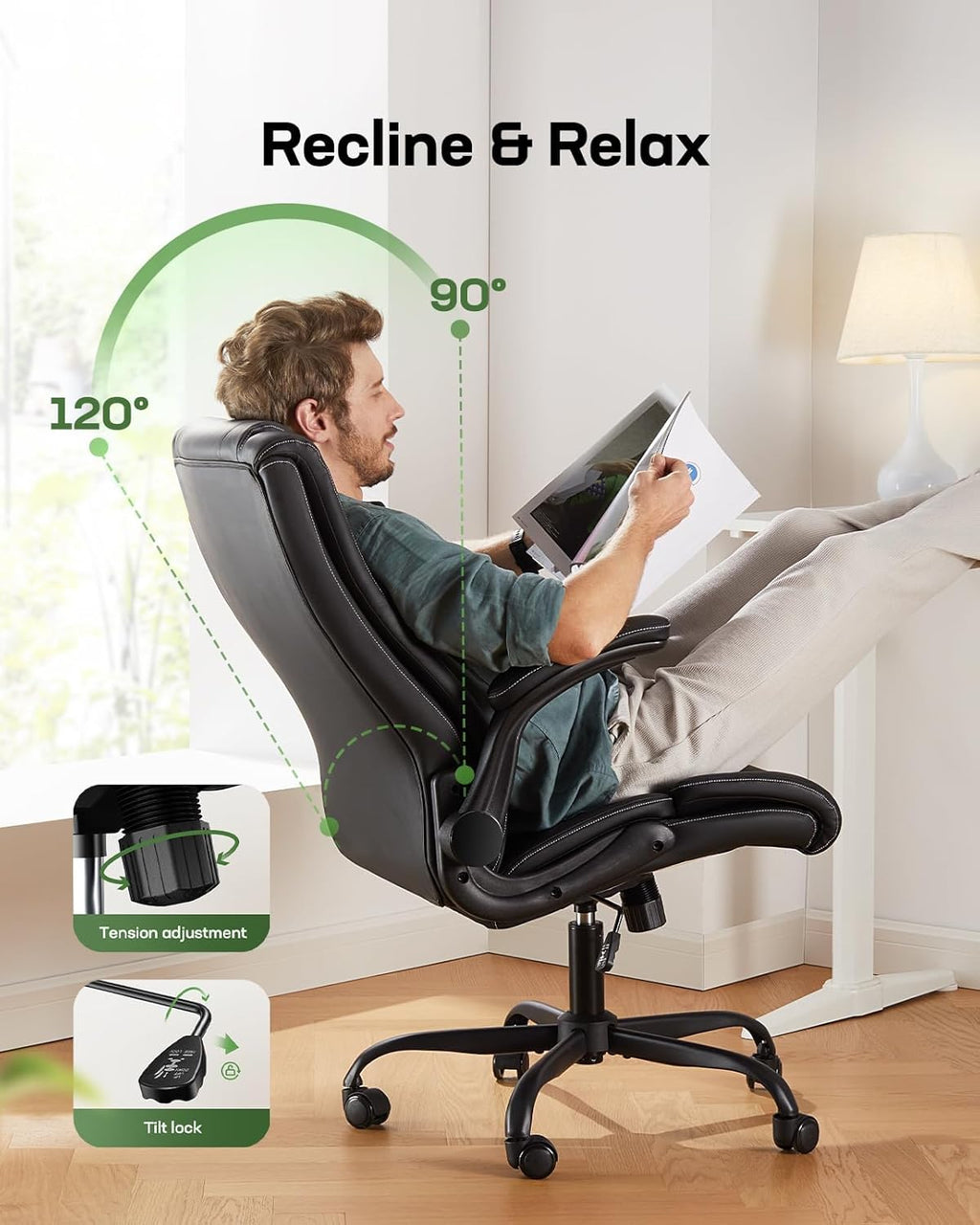 Marsail Executive Office Chair with Flip-up Armrests,PU Leather Ergonomic Desk Chair Height-Adjustable Swivel Rolling Desk Chair (Dark)