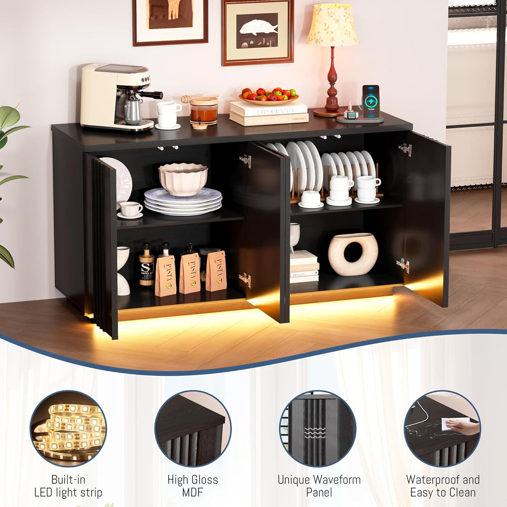 63'' Buffet Cabinet with Storage, Coffee Bar with 4 Doors & 2 Adjustable Shelves, Modern Sideboard Table with 3 Color LED Light for Kitchen (Black)