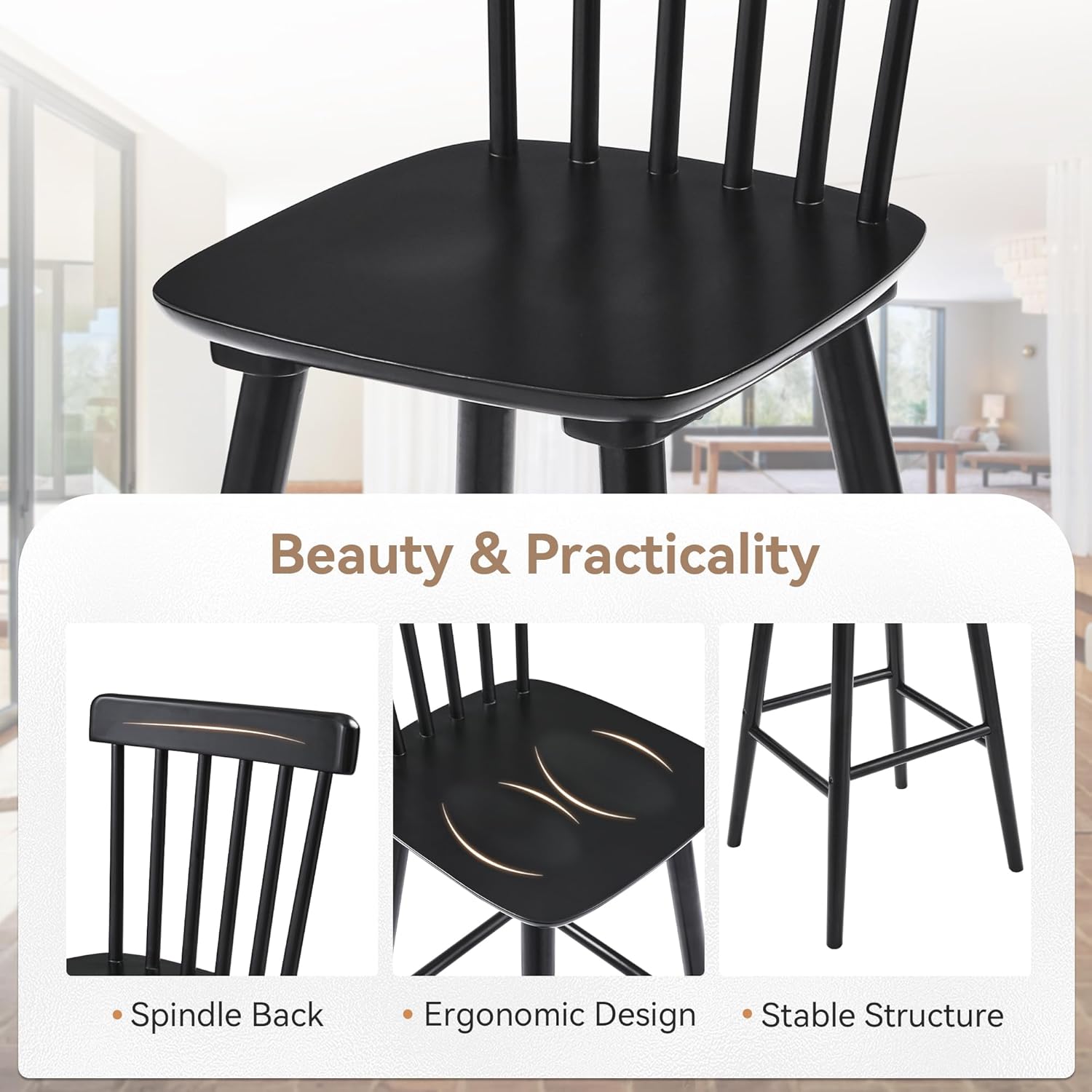 LUE BONA Windsor Wooden Bar Stools Set of 4 for Kitchen Island, Farmhouse 24 Inch Counter Height Stools Chairs with Spindle Back, Black