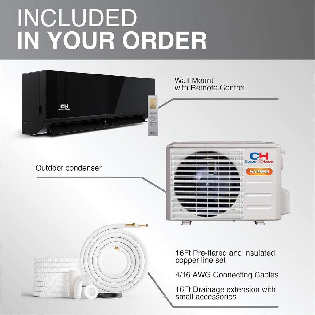 Cooper & Hunter 9,000 BTU 230V Hyper Heat Ductless Mini Split Air Conditioner & Heat Pump – 26 SEER2 Inverter System – Heats Down to -22F – Includes 16FT Installation Kit – Midnight Black