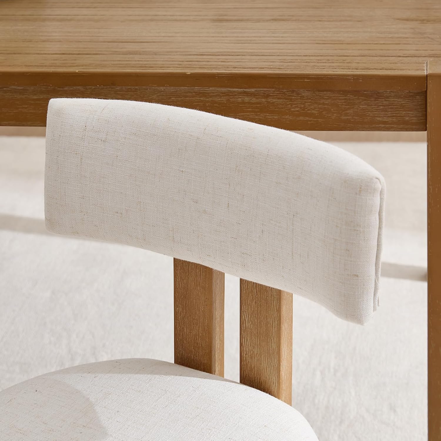 Kmax Farmhouse Dining Chair Set of 6, Linen Fabric Kitchen Chair Curved Back Armless Dining Room Chairs with Walnut Wood Legs for Family Diner, White