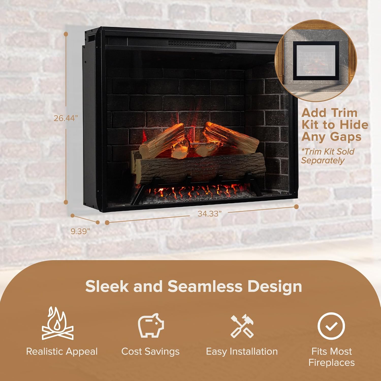 Modern Ember Uptown 33" Smart Electric Fireplace Insert with Remote Control, Compatible with Alexa - 1,000 Sq Ft Electric Heater with Realistic Flames and Log Set