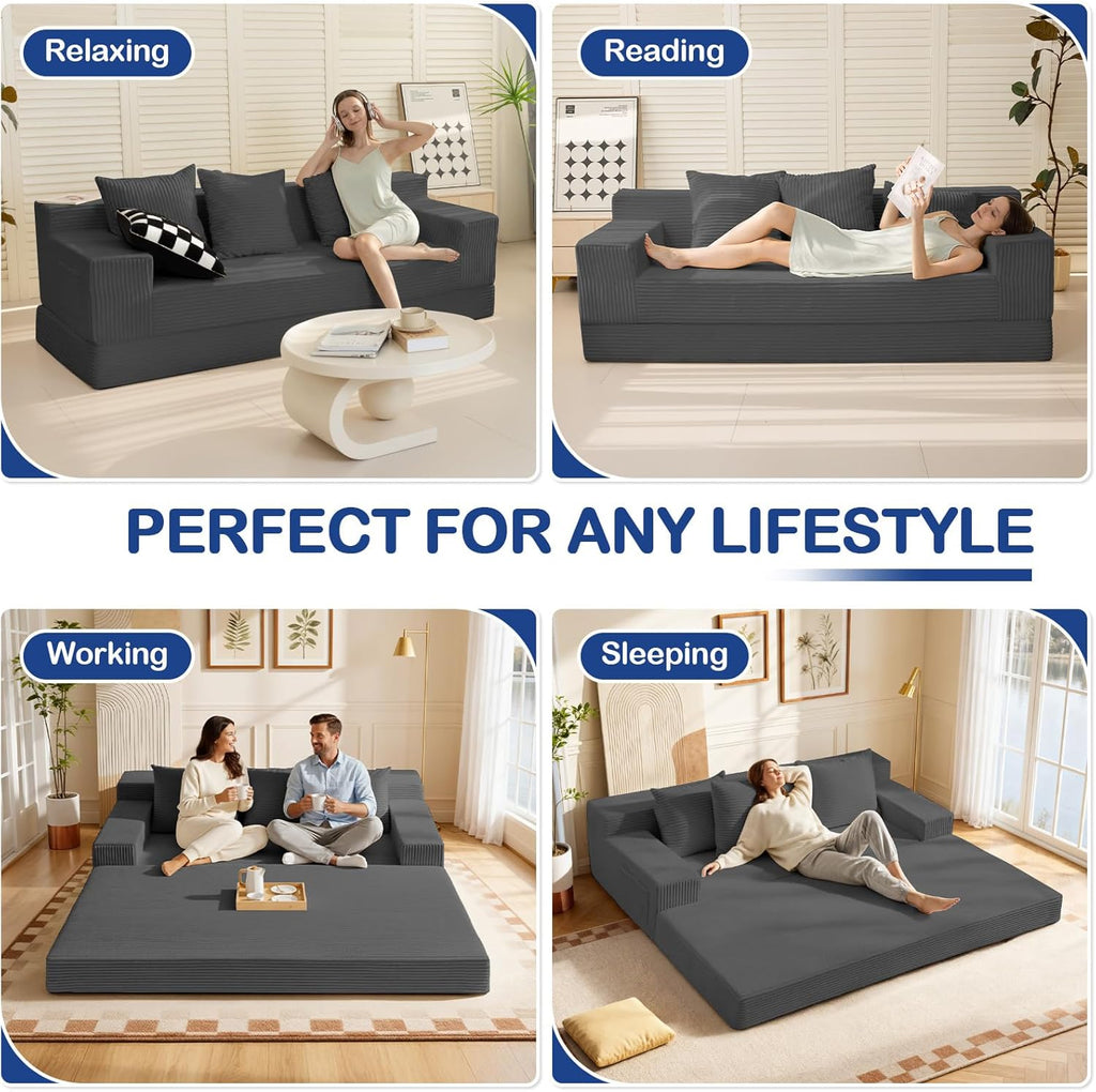 2 in 1 Convertible Boneless Couch Bed, Corduroy futon Sofa Bed, Compression Folding Floor Couch Sofas Bed with 3 Pillows for Bedroom, Small Space Guest and Living Room Sofa (Grey, 78 Inches)