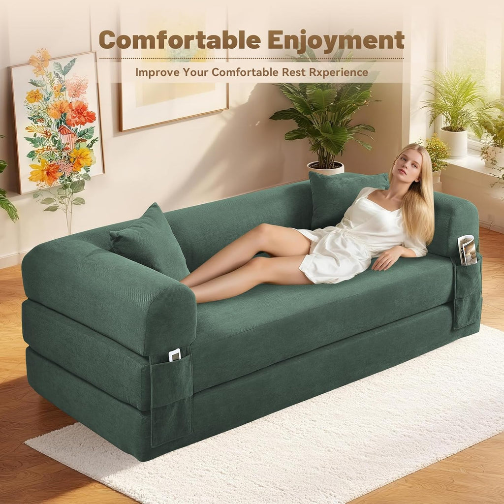 Convertible Futon Sofa Bed,80" Folding Pull Out Couch Bed with Storage,Queen Sleeper Sofa Bed,Compressed Couch in a Box,Corduroy Boneless Couches for Living Room,Light Green