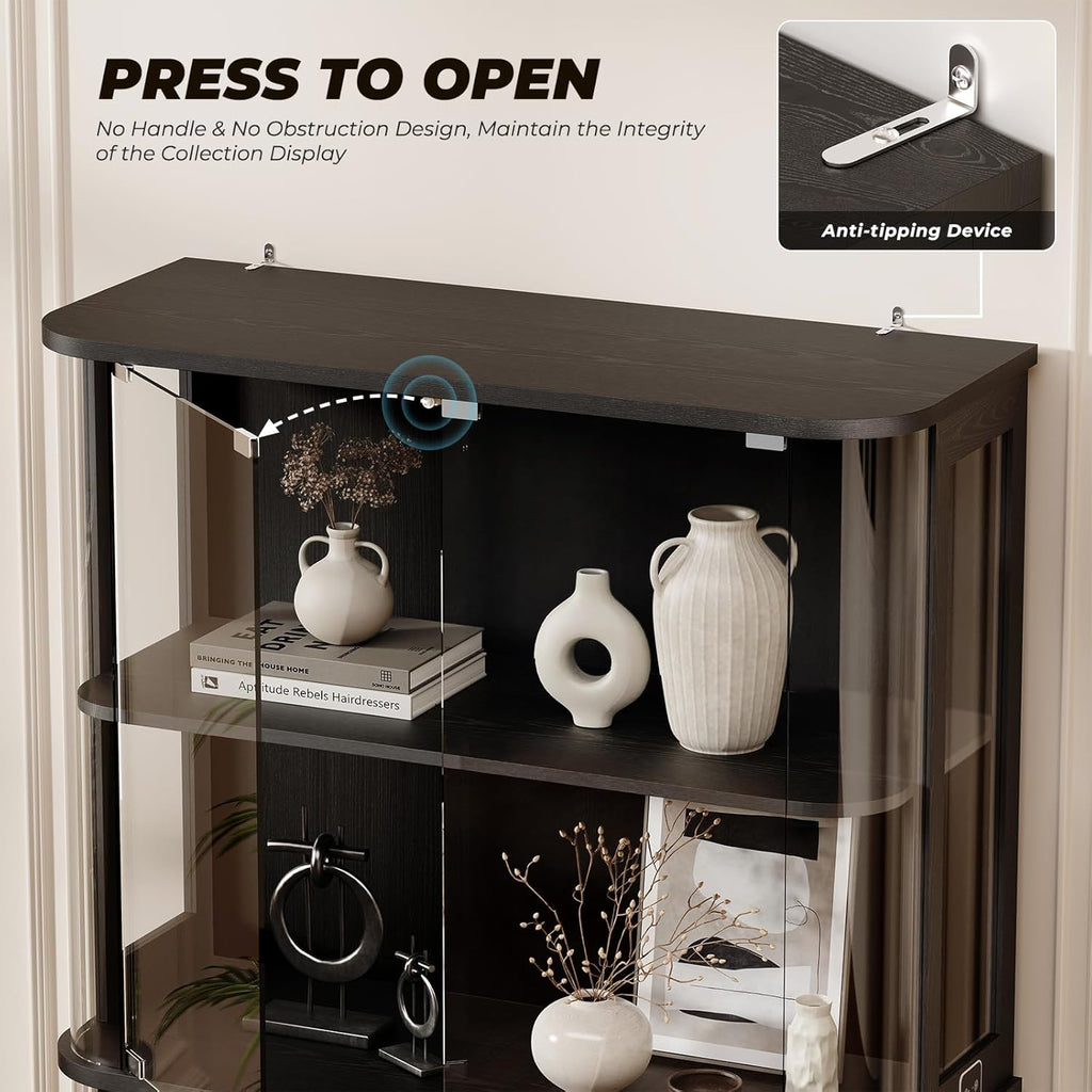 Large Rounded Display Cabinet with Glass Door, 4-Tier Curio Cabinet with 3 Color Lights for Collectibles, Glass Display Case with Transparent Full-Display Surface, Human Body Sensor, Black