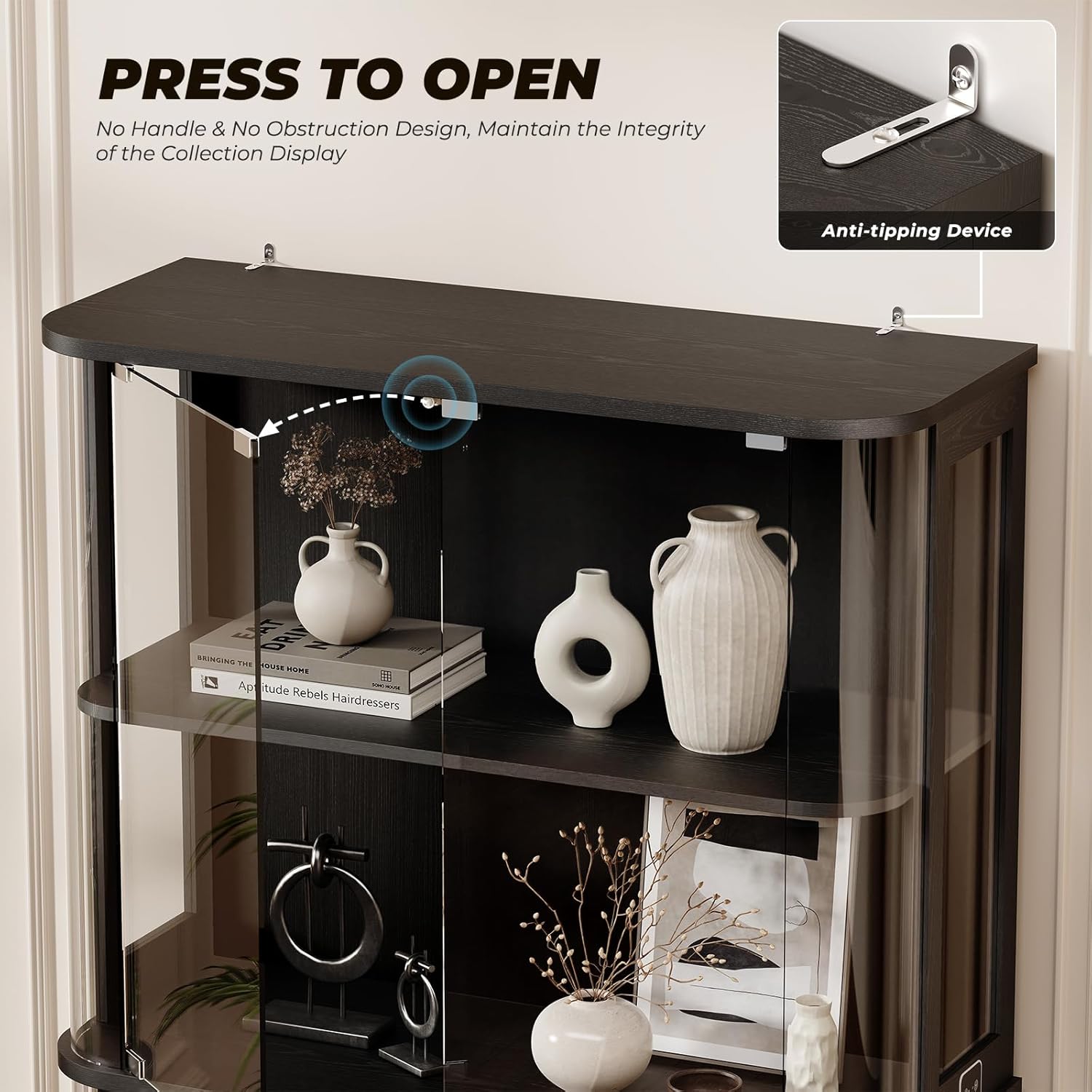Large Rounded Display Cabinet with Glass Door, 4-Tier Curio Cabinet with 3 Color Lights for Collectibles, Glass Display Case with Transparent Full-Display Surface, Human Body Sensor, Black